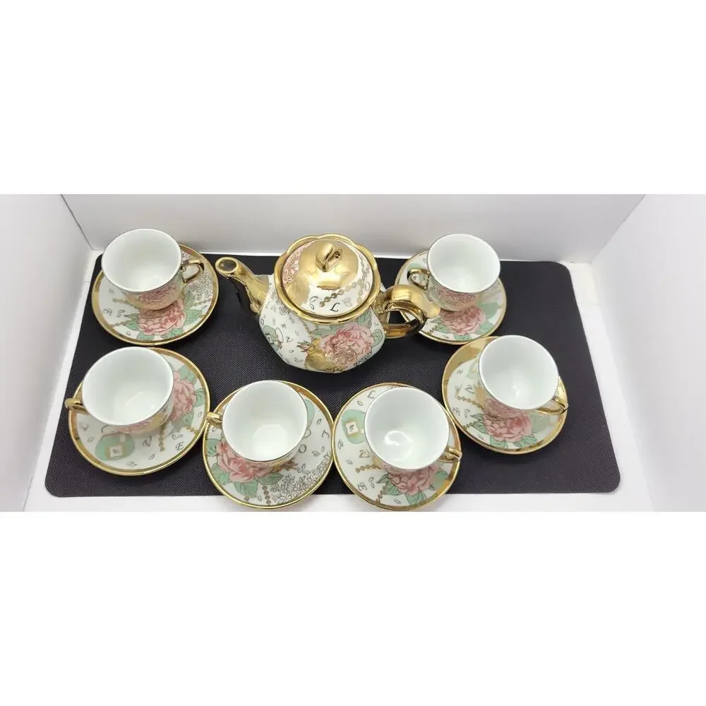 Vintage Tea Set Porcelain Teapot Cups Saucers Floral Gold Trim 13 Pc Japan Style